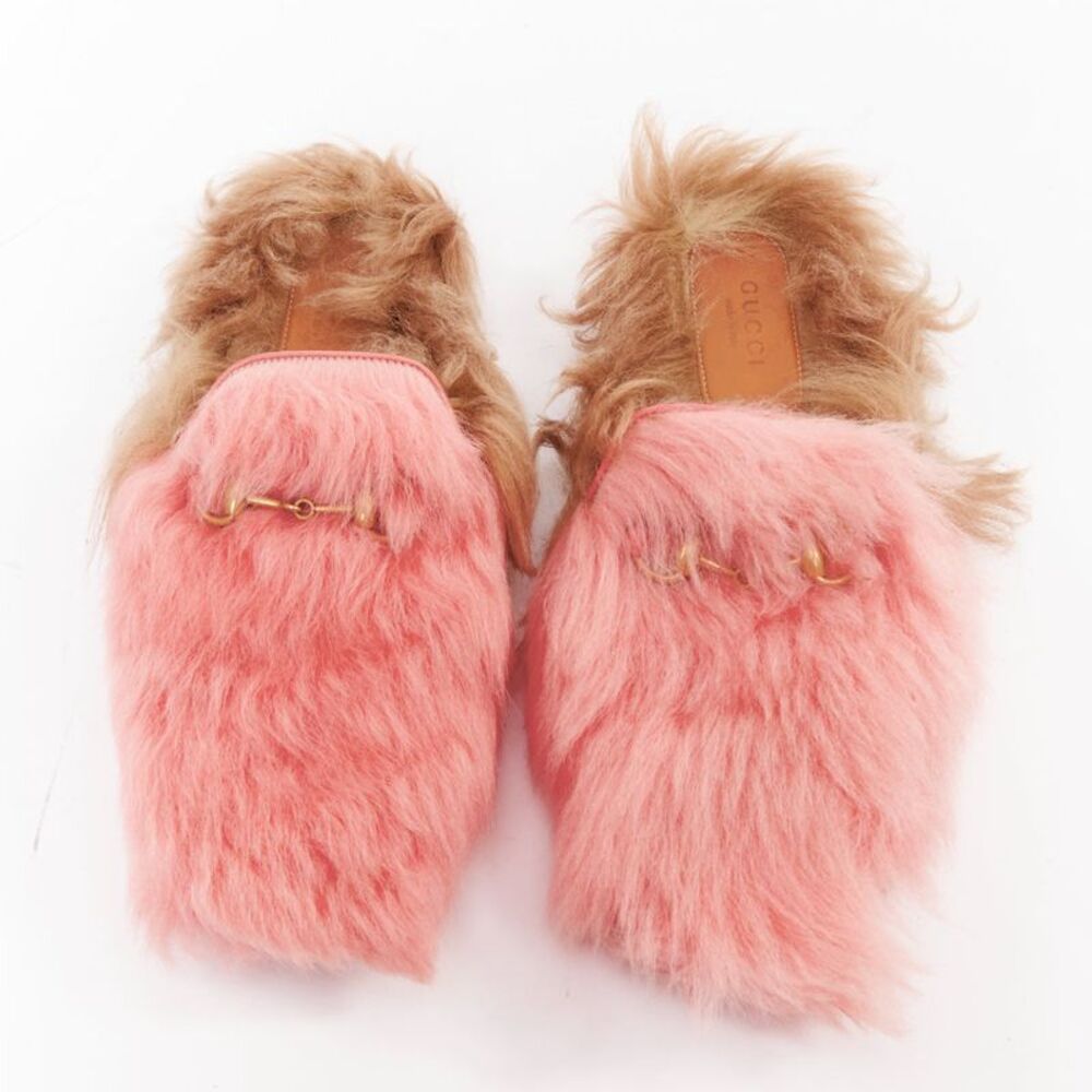 Gucci Princetown pink brown high pile fur horsebit mules